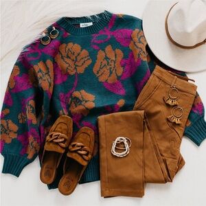 Mod Boutique “Kelvin” Teal Floral Sweater (Medium)